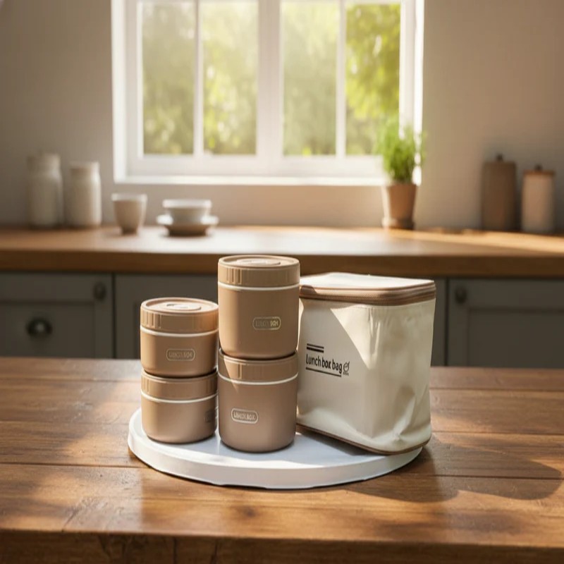 Stainless Steel Round Lunch Box Set with Bag (2)